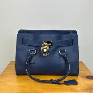 Michael Kors Navy Saffiano Satchel Tote Gold Lock Chain Shoulder Strap